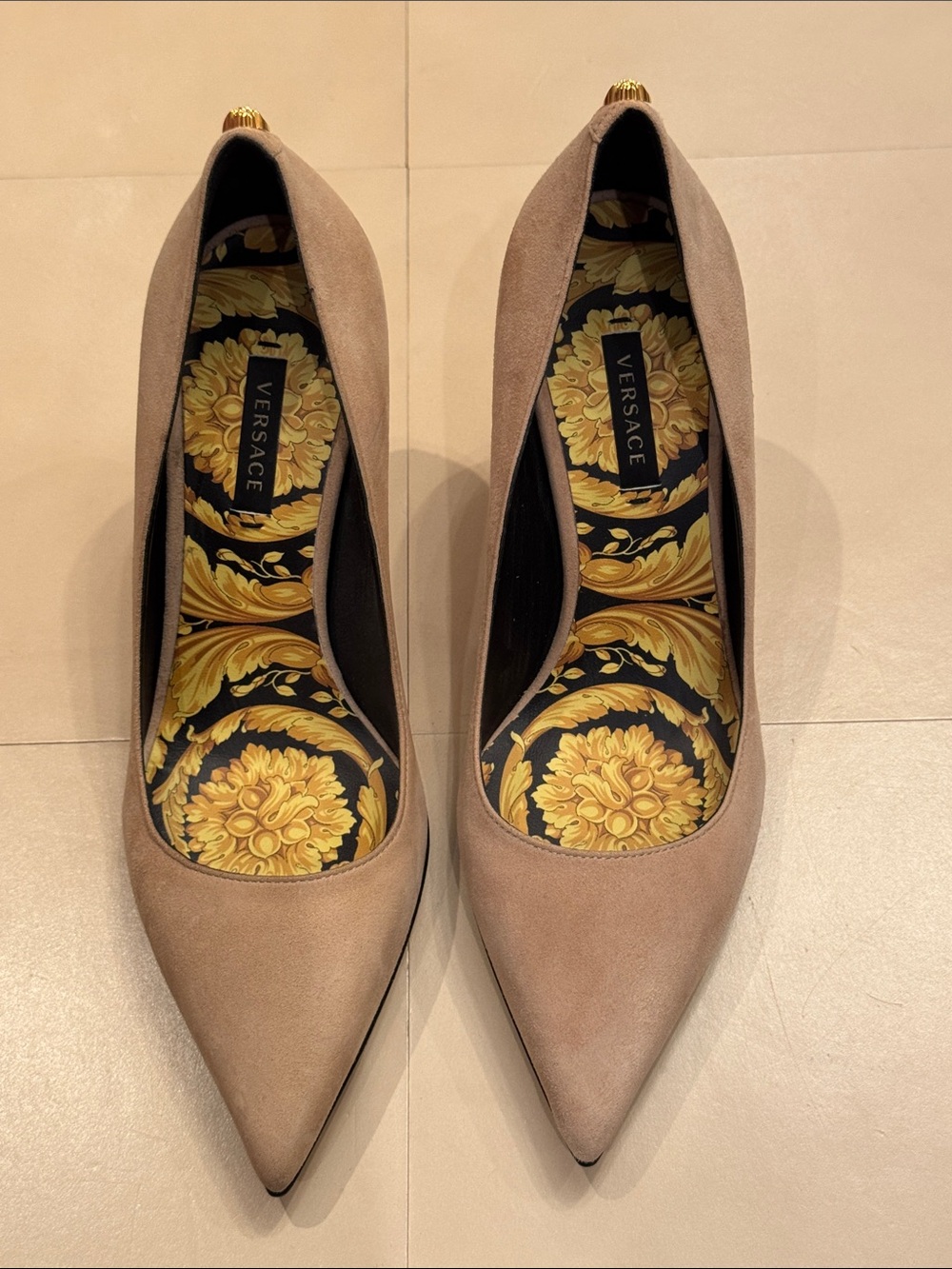 Versace Taupe Suede Pointed Toe Pumps with Gold Bar Accent